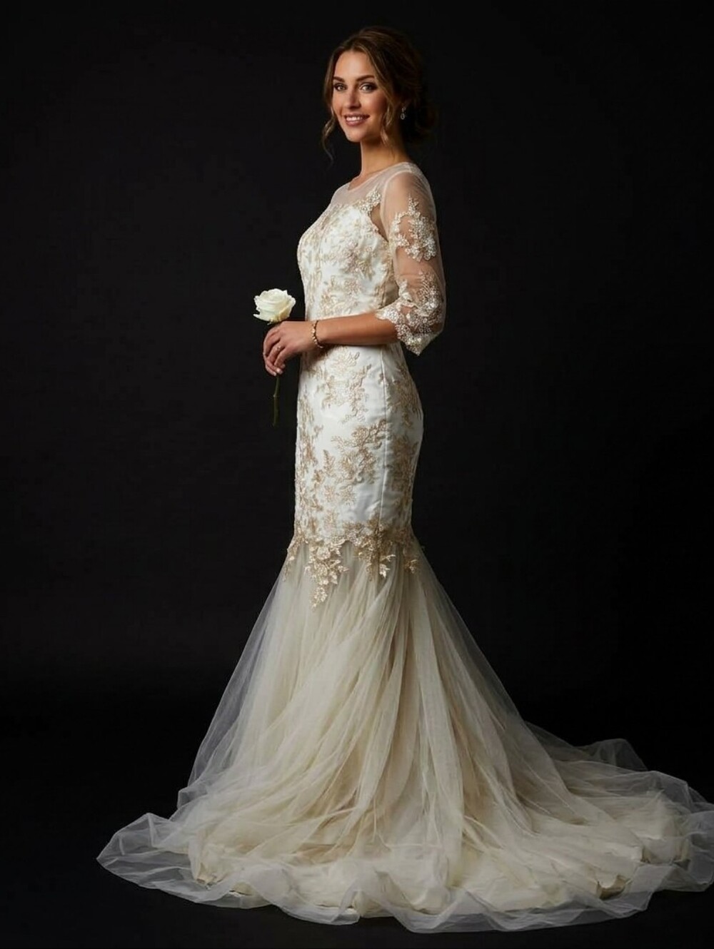 NWOT Sz 16 Ivory Lace Mermaid Wedding Gown with Sheer Tulle Train